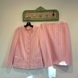 Vintage 1970s pink white stripe women’s professional skirt suit set size medium